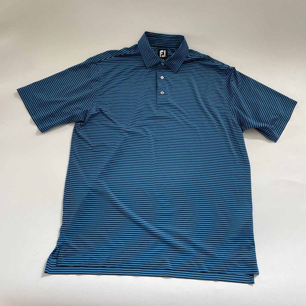 FootJoy Polo Shirt Men's Large Blue Striped FJ Short Sleeve Golf Stretchy Top
